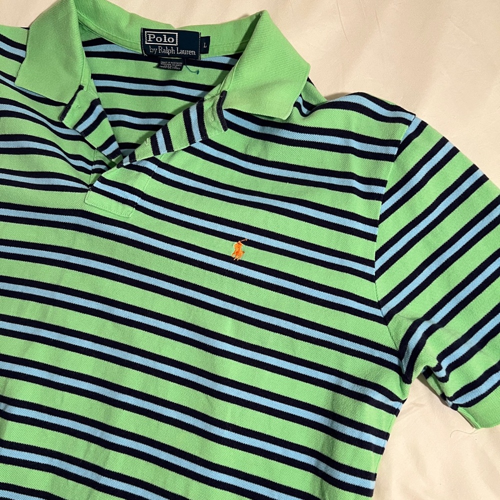 Vintage Polo Ralph‎ Lauren Men’s Large Green Blue Striped Polo Shirt